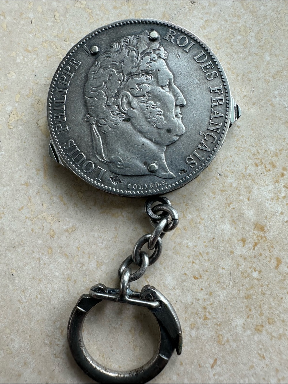 Antique French 5 francs coin mounted on pocket tool fob